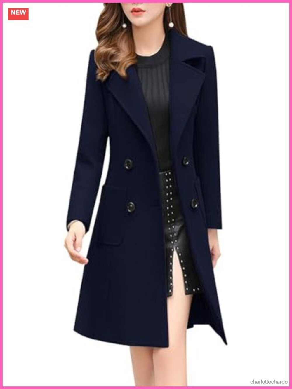 Wool Blend Pea Coat Notched Lapel Double Breasted Winter Mid Long Overcoat